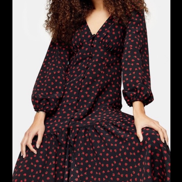 Topshop Black Floral Rose Print Button Down V Neck Midi Dress - Picture 5 of 9